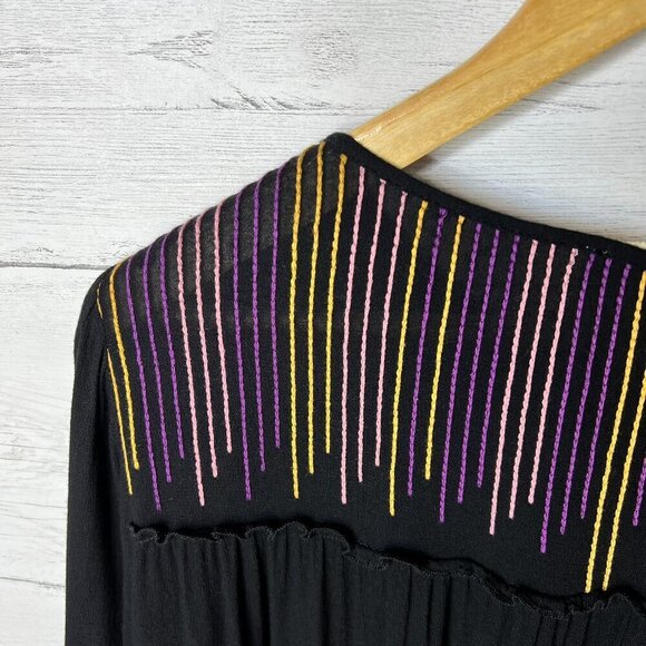 Savanna Jane Blouse Womens Size Medium Black Tiered Colorful Embroidered Stripes - Picture 12 of 15